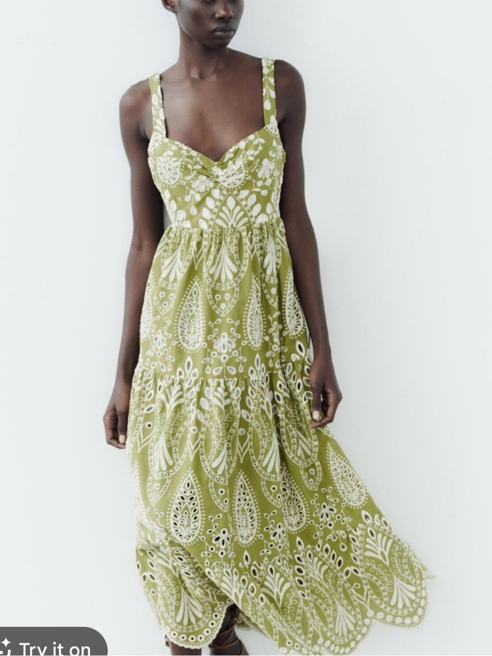 Zara Olive Green Openwork Embroidered Midi Dress
